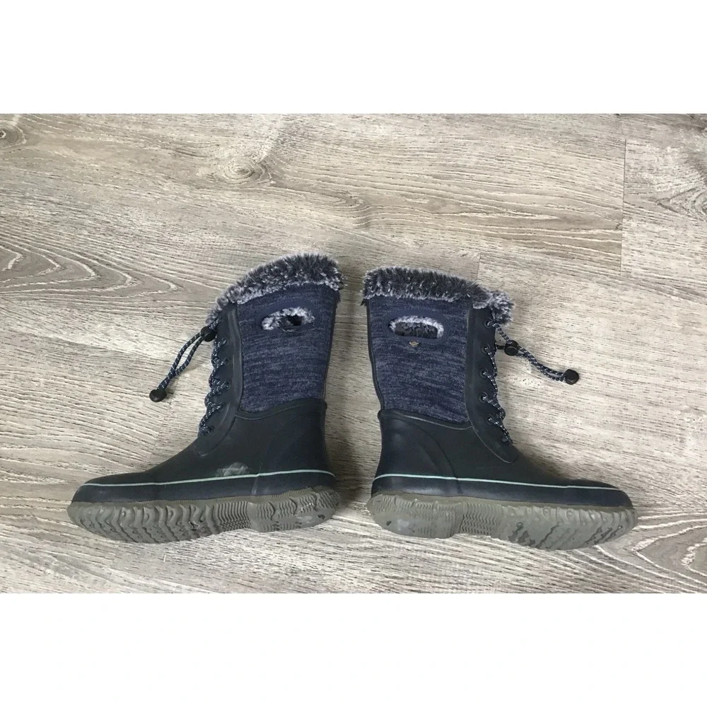 Bogs Youth Size 3 Arcata Girls Knit Blue Faux Fur Winter Snow Boots Waterproof